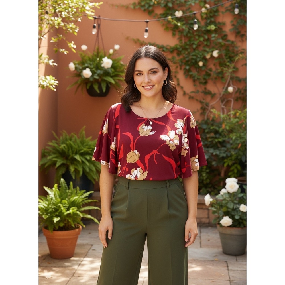 Liz Claiborne Career Womens Burgundy Floral Flutter Sleeve Blouse Top Red Tan